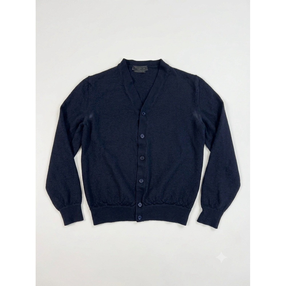 PRADA Sweater Women Blue Sz 48 Wool Knit V-Neck Button-Up Long Sleeve Cardigan